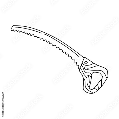 Purning Saw in hand drawn doodle style isolated on white background.Vector outline stock illustration. Sign tool gardening element. Tree pruning Coloring book