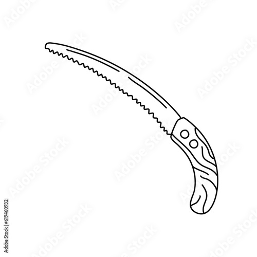 Purning Saw in hand drawn doodle style isolated on white background.Vector outline stock illustration. Sign tool gardening element. Tree pruning Coloring book