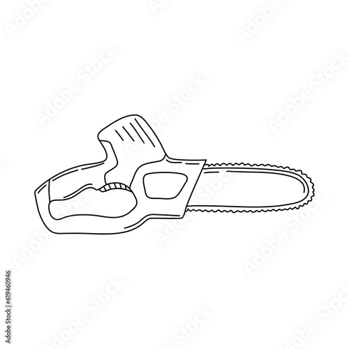 Purning Saw in hand drawn doodle style isolated on white background.Vector outline stock illustration. Sign tool gardening element. Tree pruning Coloring book