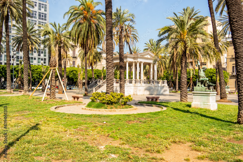 Garden view of Castelnuovo square in Palermo, Sicily, Italy