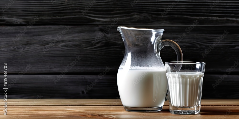 Fresh and organic milk in glass on rustic wooden table on dark background for your product showcase with copy space Fresh and organic milk in glass on rustic wooden table on dark background for your product showcase with copy space