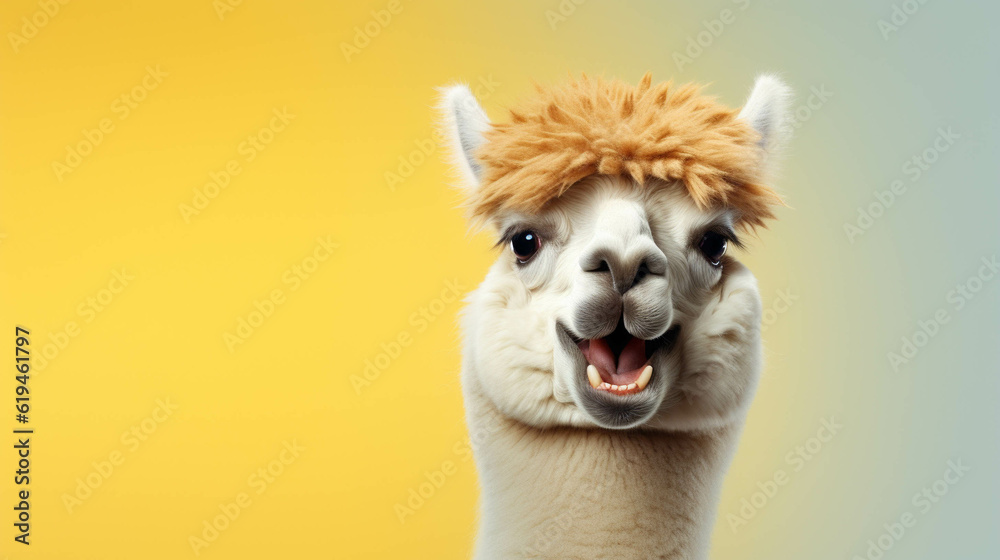 Alpaca Looking at the Camera. Solid color background with empty space for text. Web Banner template. Generative AI