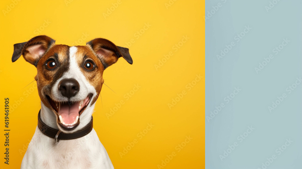 Dog Looking at the Camera. Solid color background with empty space for text. Web Banner template. Generative AI Dog Looking at the Camera. Solid color background with empty space for text. Web Banner template. Generative AI