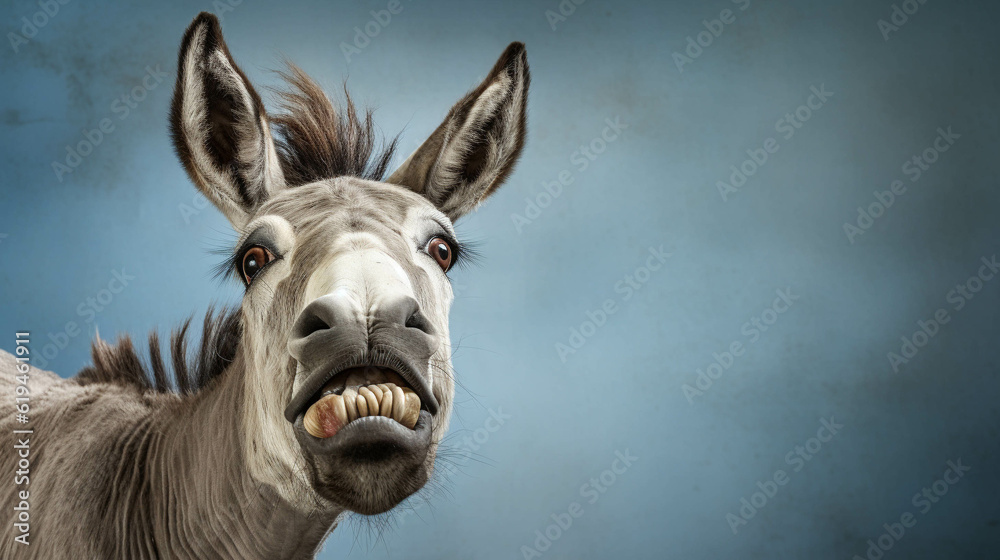 Donkey Looking at the Camera. Solid color background with empty space for text. Web Banner template. Generative AI