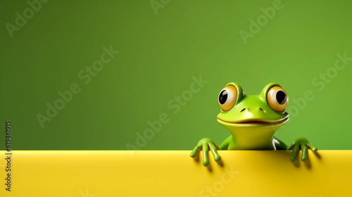 Frog Looking at the Camera. Solid color background with empty space for text. Web Banner template. Generative AI