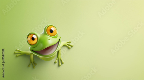 Frog Looking at the Camera. Solid color background with empty space for text. Web Banner template. Generative AI © s1llu