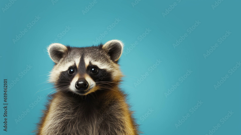 Raccoon Looking at the Camera. Solid color background with empty space for text. Web Banner template. Generative AI Raccoon Looking at the Camera. Solid color background with empty space for text. Web Banner template. Generative AI