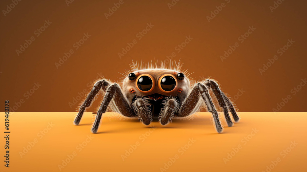 Spider Looking at the Camera. Solid color background with empty space for text. Web Banner template. Generative AI Spider Looking at the Camera. Solid color background with empty space for text. Web Banner template. Generative AI