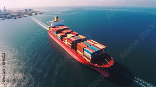 cargo ship transporting containers and exporting products from cargo yard port to custom ocean. generative ai