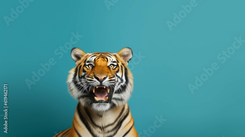 Tiger Looking at the Camera. Solid color background with empty space for text. Web Banner template. Generative AI