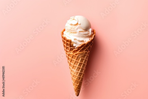 Vanilla ice cream scoop in waffle cone on a pink background. AI generated.