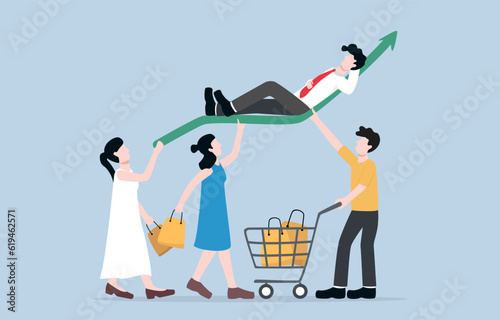 Business strength due to customer base, ability of company to attract and retain customers concept, Customers raising positive graph supporting relaxed businessman.