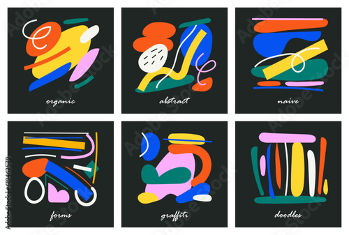 Colorful organic forms. Hand drawn simple shapes. flat vector shapes collection influenced by Naive art and graffiti. Abstract backgrounds for poster, card, cover, packaging, banner or branding.