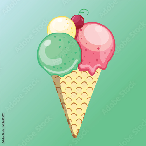 Vector illustration delicious colorful ice cream waffle con. Icecream green tea strawberry pineapple scoops. on green background. Idea for poster, product, t-shirt. Vector icon ice cream cone.