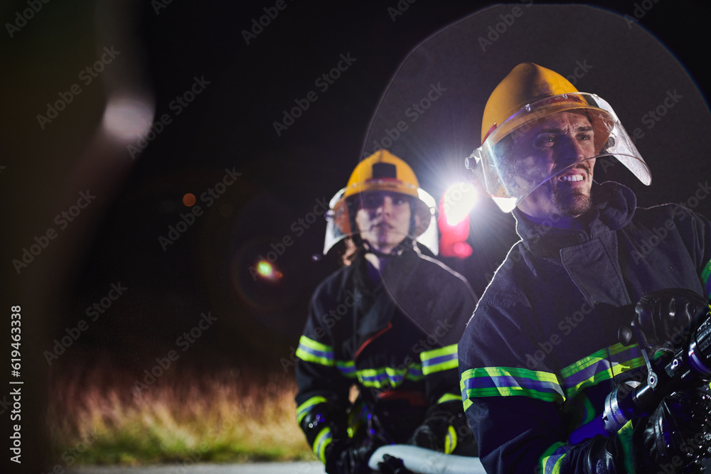 Firefighters using a water hose to eliminate a fire hazard. Team of female and male firemen in dangerous rescue mission. 