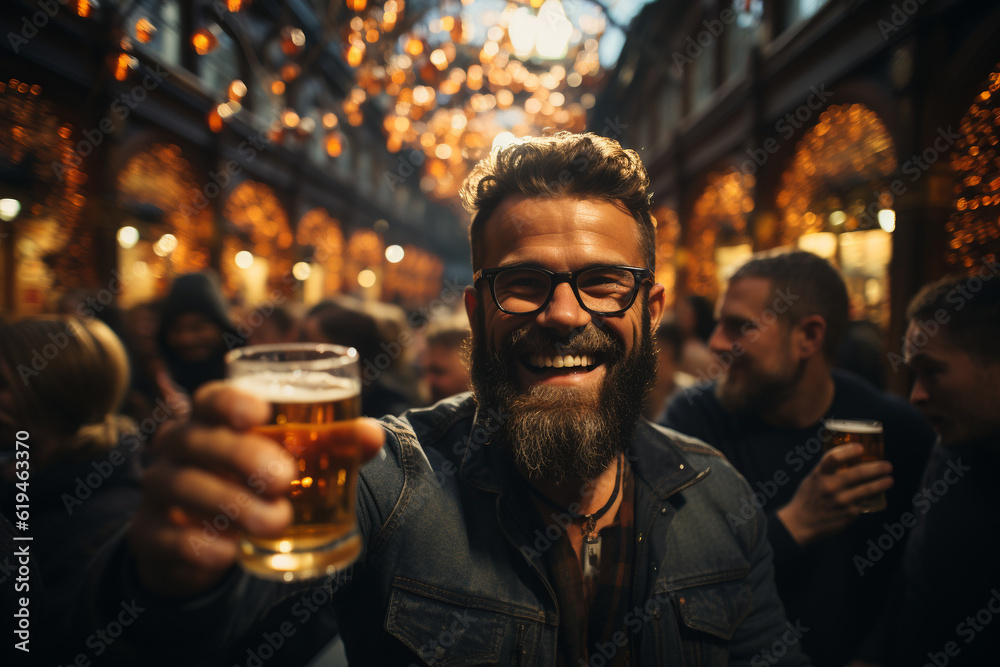 Man drinking beer in bar. Generative Ai