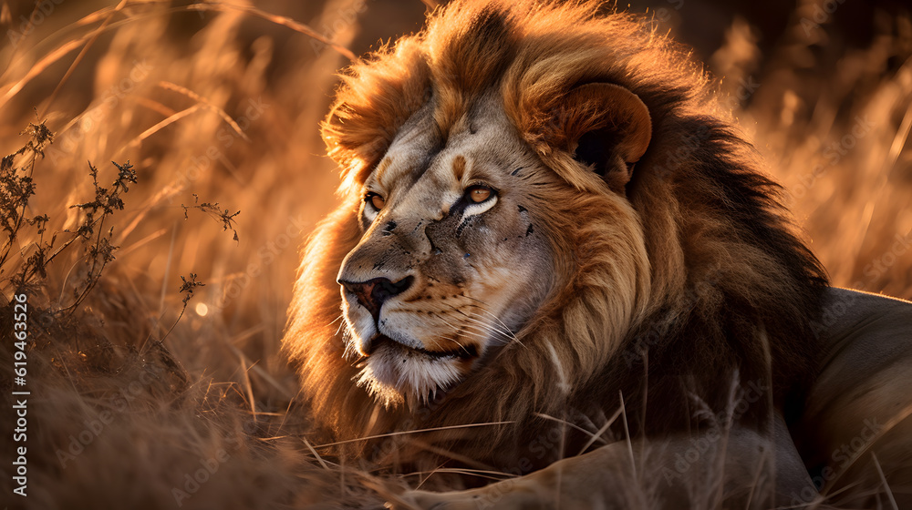 An image of a majestic lion resting in the tall grass of the African savannah, with keywords: lion, wildlife, savannah, predator, majestic. Taken with a DSLR camera, using a telephoto lens, during the