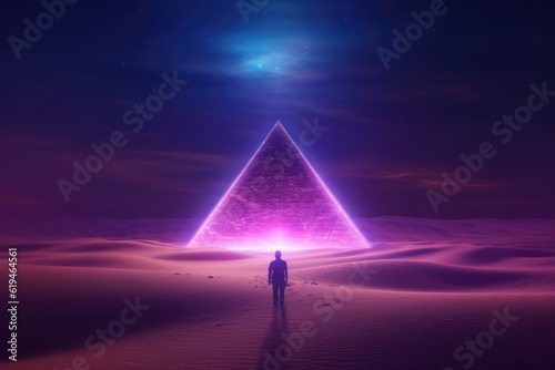 Modern futuristic neon background and triangle glowing   in the center of sand dune and lonely man silhouette. Generative AI