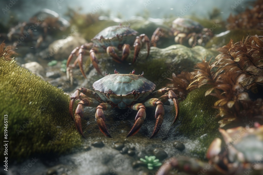 A detailed illustration of a group of crustaceans, such as crabs or lobsters, in their natural environment, Generative AI