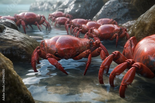A detailed illustration of a group of crustaceans, such as crabs or lobsters, in their natural environment, Generative AI photo
