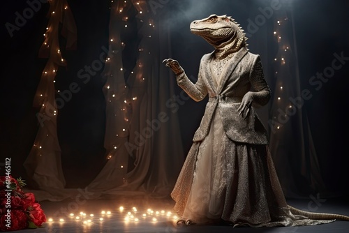 Illustration of a comodo dragon wearing a dress like a model walks down the fashion runway or catwalk. The stage lights are focused on it. Generative Ai.