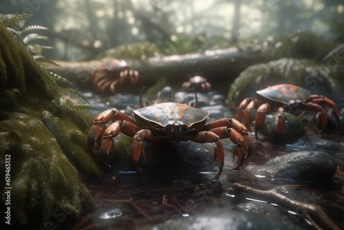 A detailed illustration of a group of crustaceans, such as crabs or lobsters, in their natural environment, Generative AI
