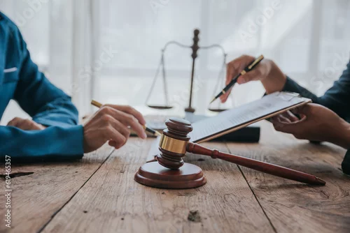 Obraz Judge gavel with Justice lawyers having team meeting at law firm in background. Concepts of law.