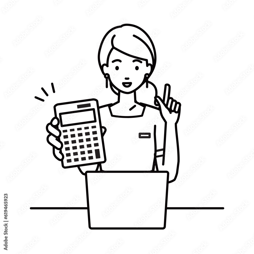 an esthetician, receptionist woman recommending, proposing, showing estimates and pointing a calculator with a smile in front of laptop pc an esthetician, receptionist woman recommending, proposing, showing estimates and pointing a calculator with a smile in front of laptop pc
