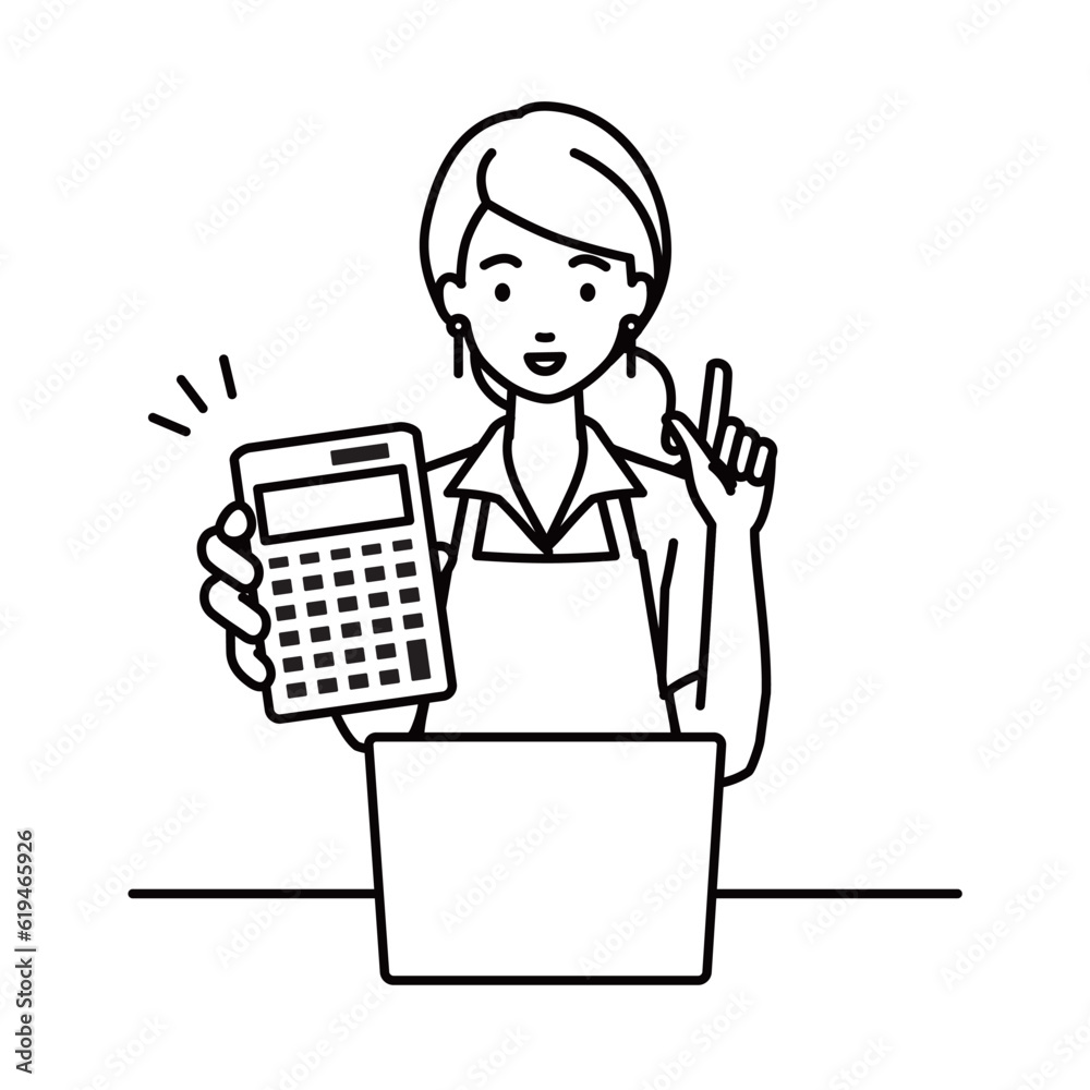 a woman in cafe apron recommending, proposing, showing estimates and pointing a calculator with a smile in front of laptop pc a woman in cafe apron recommending, proposing, showing estimates and pointing a calculator with a smile in front of laptop pc