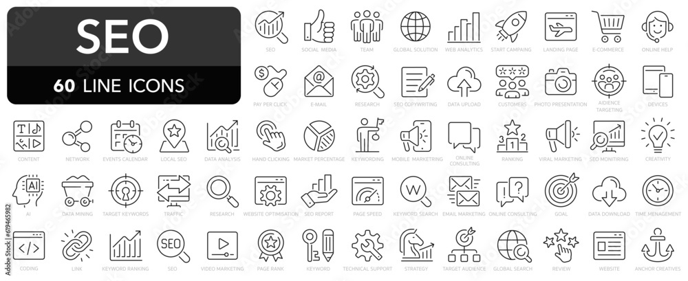 SEO line icons set. Search Engine Optimization symbol collection. Search, content, analysis, traffic, link, development, optimization, - stock vector. - obrazy, fototapety, plakaty 