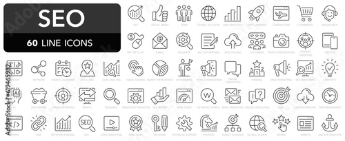SEO line icons set. Search Engine Optimization symbol collection. Search, content, analysis, traffic, link, development, optimization, - stock vector. photo