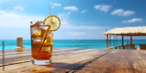 Concept of luxury vacation. Cuba Libre cocktail on the pier. Long island ice tea cocktail on the pier. Tropical vacation background. Right side angle. Clear blue sky. ocean beach on the background © Jing