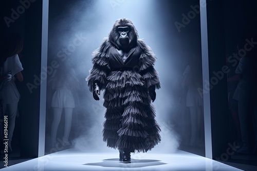 Illustration of a gorilla wearing a dress like a model walks down the fashion runway or catwalk. The stage lights are focused on it. Generative Ai.