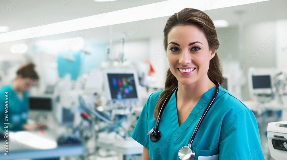 portrait of female Nurse wearing blue labcoat working in the worplace of laboratory. Medicine Doctor female working at a hospital with medical devices in background, Generative Ai portrait of female Nurse wearing blue labcoat working in the worplace of laboratory. Medicine Doctor female working at a hospital with medical devices in background, Generative Ai