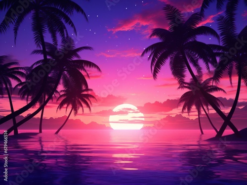 beautiful purple and orange tropical sunset  south east asia thailand golden hour sunset  palm trees  ocean  silhouette  