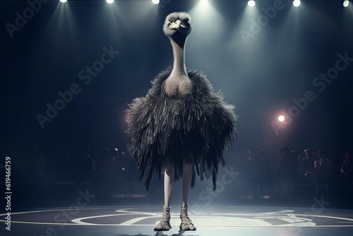 Illustration of a ostrich wearing a dress like a model walks down the fashion runway or catwalk. The stage lights are focused on it. Generative Ai.
