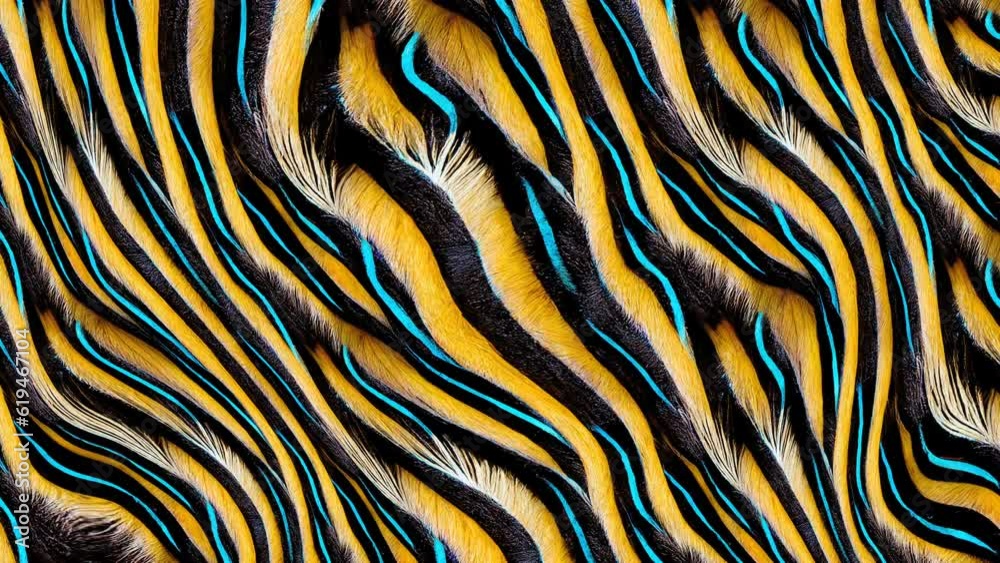 Turbulent scroll of animal fur print illustration. Distorted pattern of digital painting of yellow zebra fabric