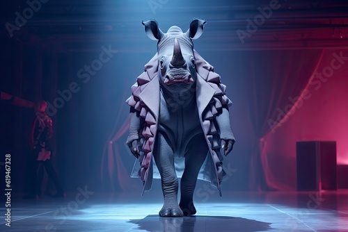 Illustration of a rhinoceros or rhino wearing a dress like a model walks down the fashion runway or catwalk. The stage lights are focused on it. Generative Ai. photo