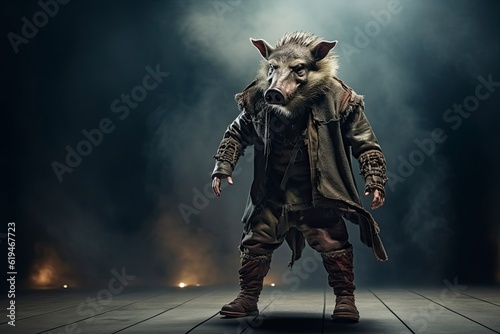 Illustration of a wild boar wearing a coat and pants like a model walks down the fashion runway or catwalk. The stage lights are focused on it. Generative Ai. photo