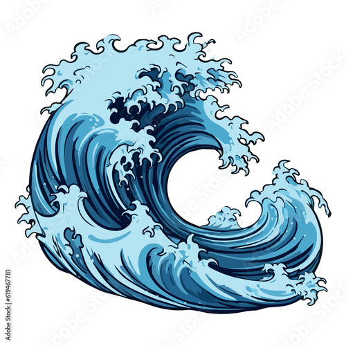 Vector sea wave. Illustration of blue ocean waves with white foam. Isolated splash of water, made in cartoon style. An element for your design.