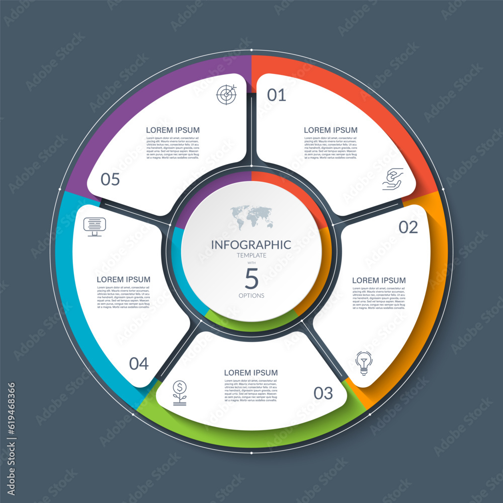 Infographic circle with 5 options, parts. 5-step cycle diagram for business infographics. Process chart, vector template for presentation, report, brochure, web, data visualization. Infographic circle with 5 options, parts. 5-step cycle diagram for business infographics. Process chart, vector template for presentation, report, brochure, web, data visualization.