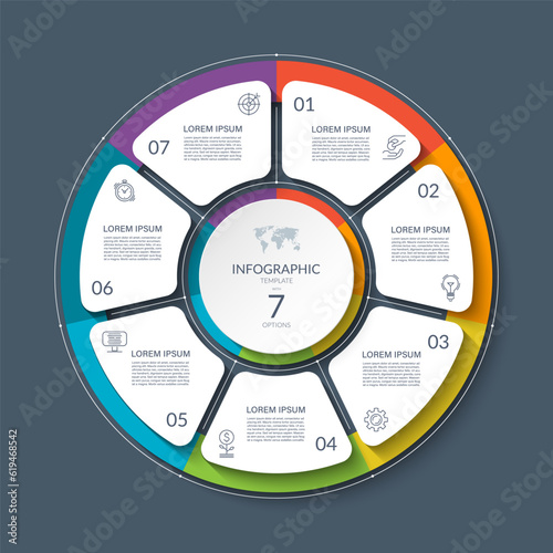 Infographic circle with 7 options, parts. 7-step cycle diagram for business infographics. Process chart, vector template for presentation, report, brochure, web, data visualization.