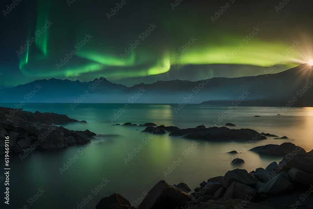 Aurora over the sea beautiful wallpaper and texture. AI Image