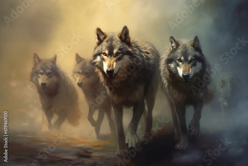 a group of gray wolves are walking through the fog, generative ai