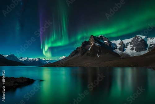 Landscape with lake, moon, and aurora. AI Image