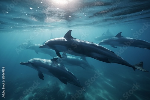 A detailed illustration of a group of marine mammals, such as dolphins or whales, in their natural environment, Generative AI