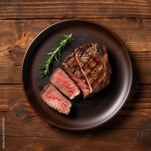 Grilled sliced beef steak on wood plate