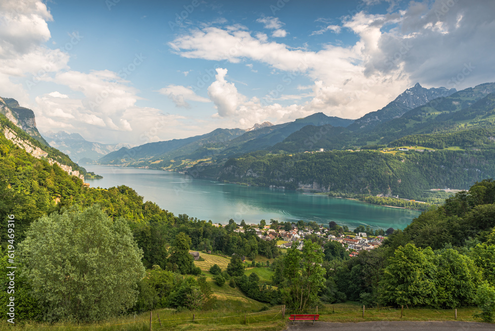 Panoramic view of lake Walensee, Weesen, Canton Sankt Gallen, Switzerland
