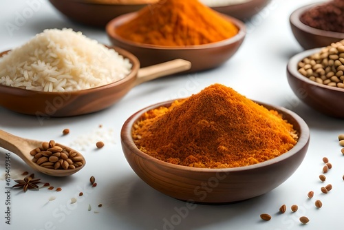 Grinded spices and rice in bowls. AI Image