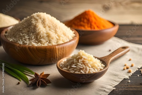 Bowl of rice and spices on the table. AI Image